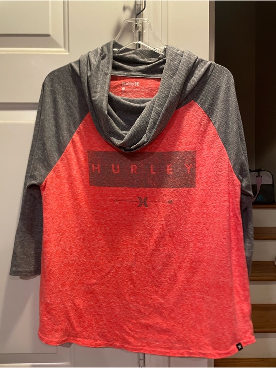 Hurley Tops - Hurley Coral Red and Charcoal Hooded Raglan Top